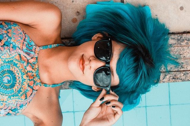 Get Online Woman Blue Hair Sunglasses Relaxing