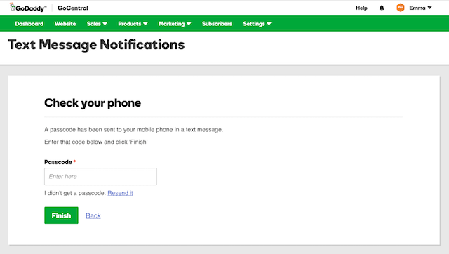 GoCentral Text Message Notification Confirm Number