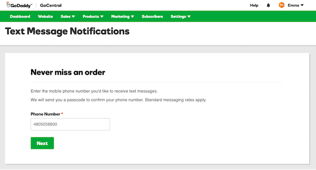 GoCentral Text Message Notification Phone Number