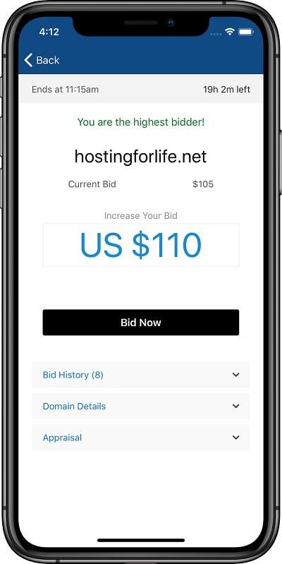 GoDaddy Investor App Bidding Page