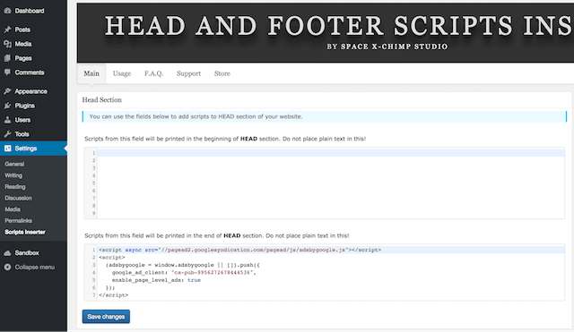 Head and Footer Script Screen Capture