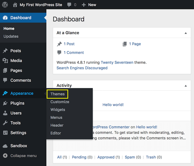 WordPress Admin Panel Navigation to Reach Themes (Under Appearance)