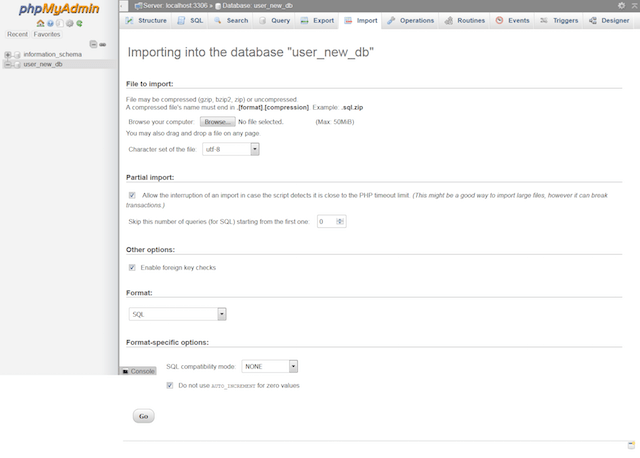 Website Import in phpMyAdmin