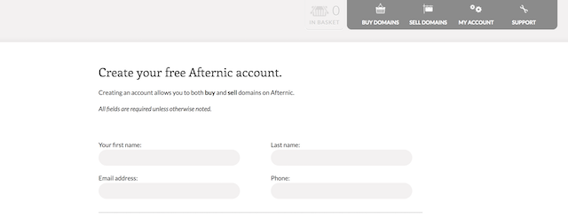 Screenshot of Afternic Account Creation Page