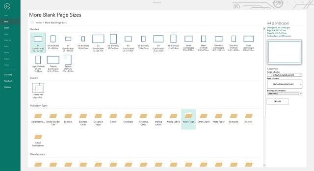 Office 365 Publisher More Blank Page Sizes