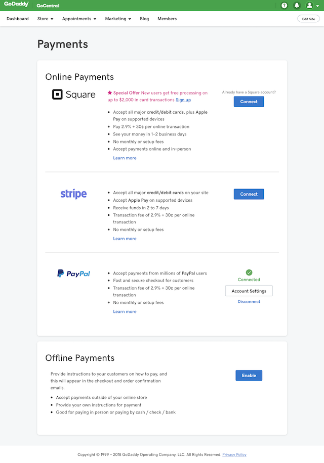 screenshot of payment options in GoDaddy Online Store