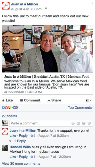 Restaurant Facebook Page Juan in a Million