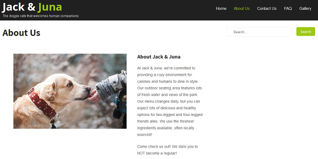 Screenshot Of WordPress Page For An Imaginary Dog Cafe