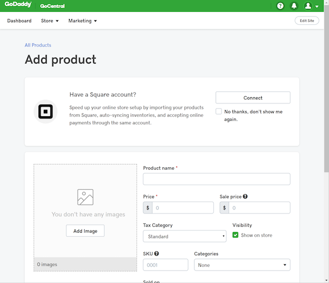 screenshot of GoCentral Online Store Square catalog import
