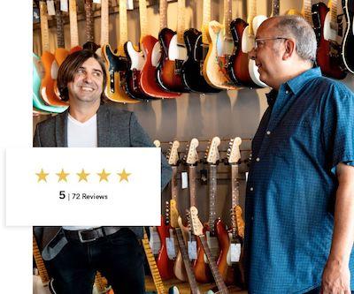 Two Men in Front of Guitars with Example of a 5 Star Review