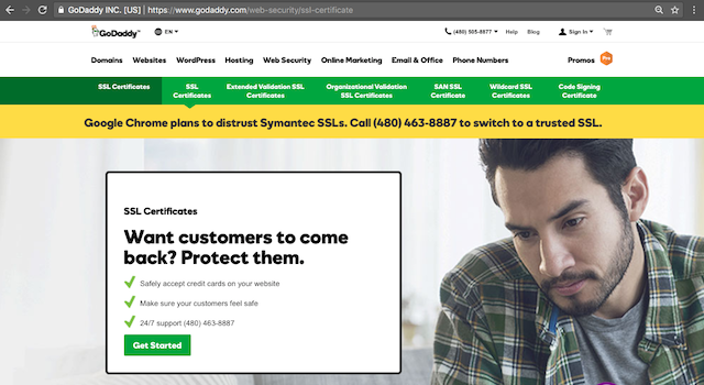 Screenshot of GoDaddy's SSL sales page